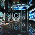 Modern KTV Lounge Interior With Neon Blue Lighting Large Screens And Sofa Seating
