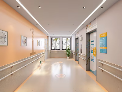 Well Lit Elevator Corridor With Wall Paintings Handrails And Plant 3d model