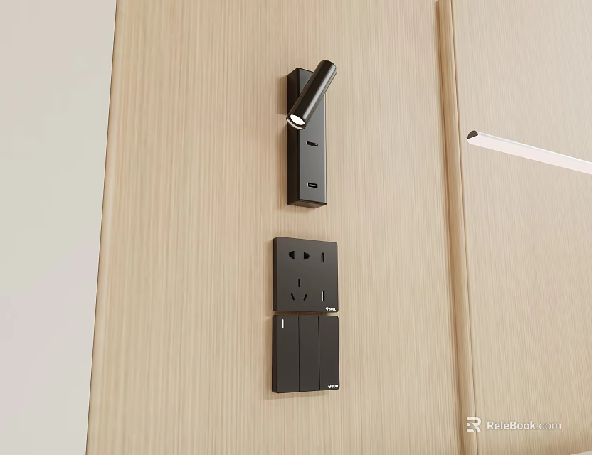 Black Wall Light Mounted On Light Wood Grain Wall With Socket And Switch Panel 3d model