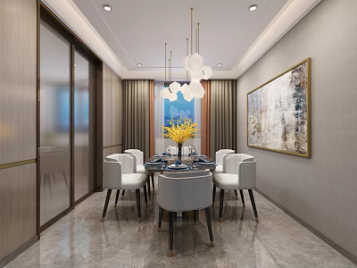 Modern Restaurant Interior With Chandeliers Dining Table Yellow Flowers And Large Painting 3d model