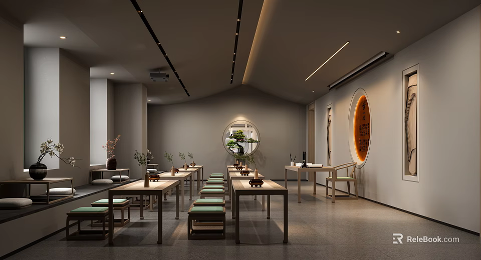 Chinese Style Elegant Interior Space With Long Tables Chairs Round Moon Windows And Decorative Paintings 3d model 