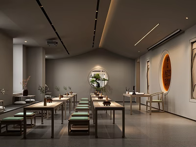 Chinese Style Elegant Interior Space With Long Tables Chairs Round Moon Windows And Decorative Paintings 3d model