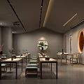 Chinese Style Elegant Interior Space With Long Tables Chairs Round Moon Windows And Decorative Paintings
