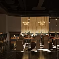 Modern Restaurant Interior Featuring Wine Racks Bar Counter And Chandeliers Dining Tables