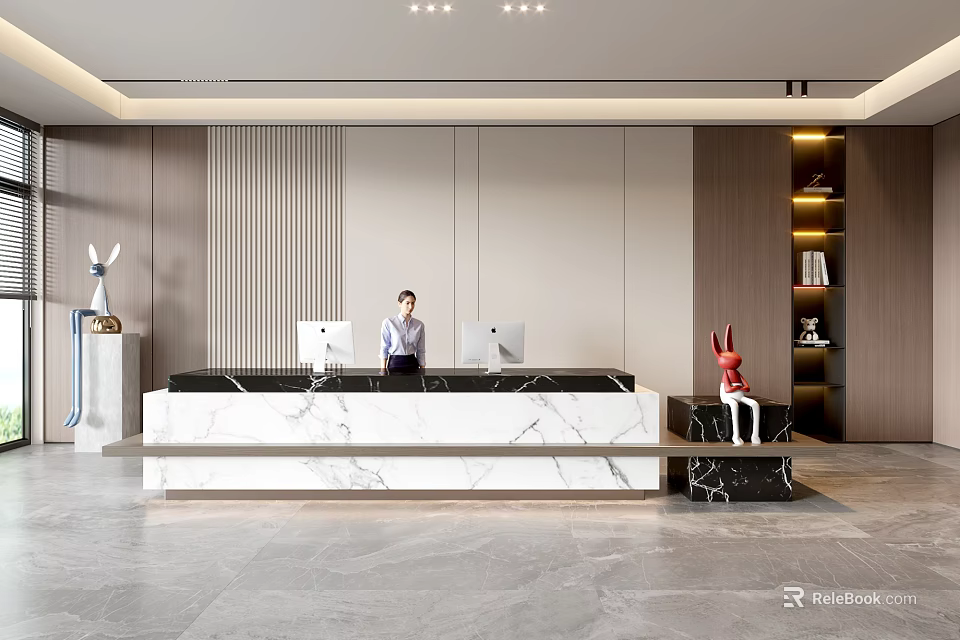 Modern Front Desk Reception In Elegant Office With Marble Countertop Computers Sculpture And Bookshelf Decorations 3d model 