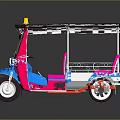 Blue And Pink Tuk Tuk Taxi With Yellow TAXI Sign On Roof And Striped Seats
