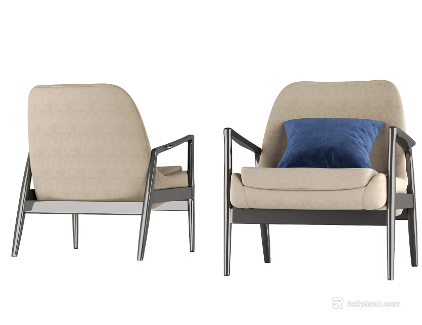 Modern Beige Single Sofa With Metal Frame And Blue Comfortable Pillow 3d model