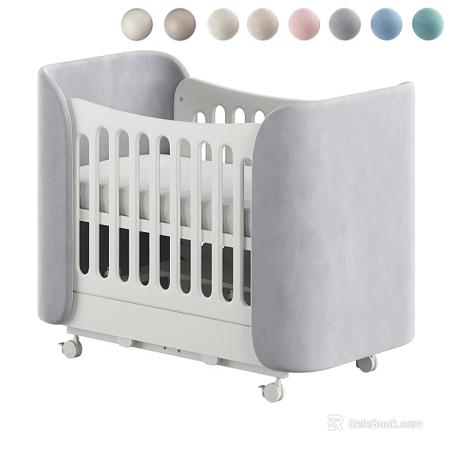 White Baby Crib with Gray Padded Sides Rolling Wheels and Vertical Slats Design 3d model 