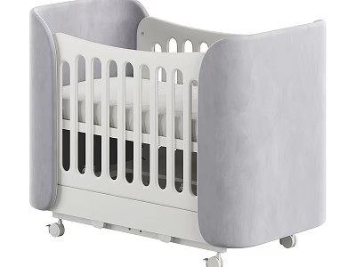 White Baby Crib with Gray Padded Sides Rolling Wheels and Vertical Slats Design 3d model