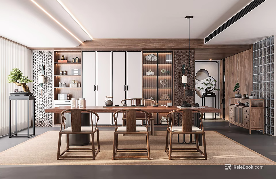 Traditional Tea Room Interior Design With Wooden Table Chairs Shelves And Tea Sets 3d model 