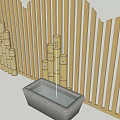 Garden Ornaments Featuring Wavy Bamboo Fence and Stone Containers Circular Rectangular Design 3d model