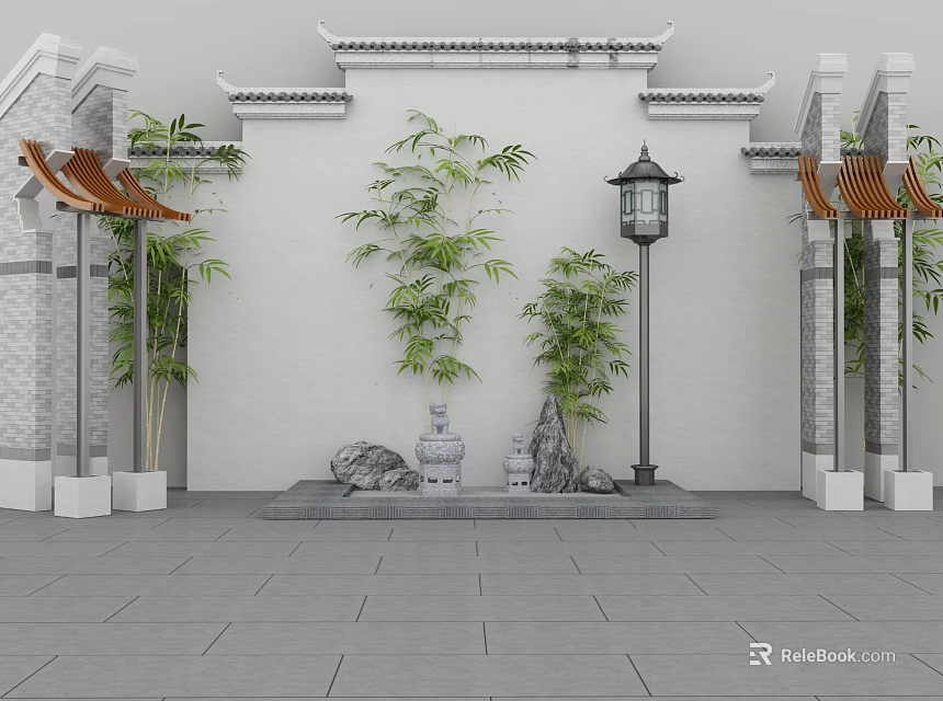 Traditional Chinese Garden Ornaments With Bamboo Plants Stone Lantern Rockery Stones And White Wall 3d model 