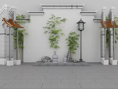 Traditional Chinese Garden Ornaments With Bamboo Plants Stone Lantern Rockery Stones And White Wall 3d model