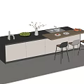 Modern Bar Counter With Black And Light Wood Top Fruit Bowl Vase And Black Chairs
