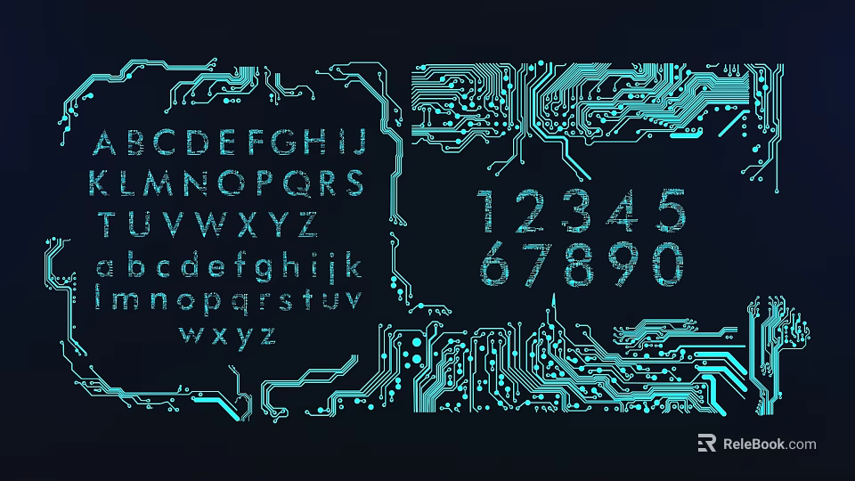 Modern Circuit Board Style Wall Decor With Turquoise Letters Numbers And Circuit Patterns 3d model 