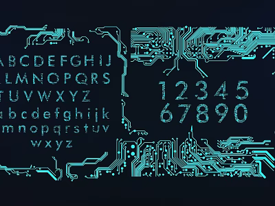 Modern Circuit Board Style Wall Decor With Turquoise Letters Numbers And Circuit Patterns 3d model