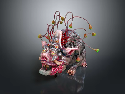 Vibrant Mythical Creature With Pig Like Head Open Mouth Tongue Tentacle Appendages And Yellow Sacs 3d model