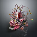 Vibrant Mythical Creature With Pig Like Head Open Mouth Tongue Tentacle Appendages And Yellow Sacs
