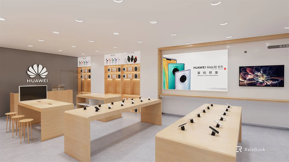 Modern Huawei Digital Store Featuring Smartphones Accessories And Modern Display Areas 3d model 