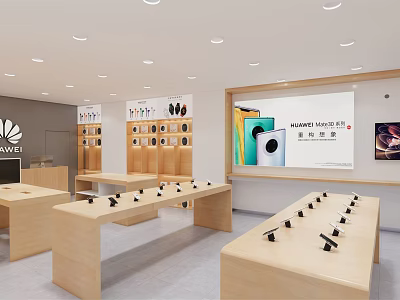Modern Huawei Digital Store Featuring Smartphones Accessories And Modern Display Areas 3d model