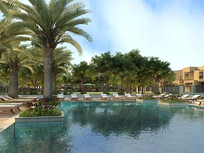 Garden Ornaments And Landscaping With Palm Trees Swimming Pool And Lounge Chairs 3d model