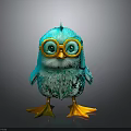3D Rendered Blue Bird With Fluffy Feathers Yellow Rimmed Glasses Yellow Feet And Gray Background