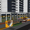 Modern Commercial Landscape With Yellow Canopies Benches Green Plants And High Rise Apartments
