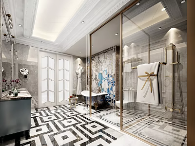 Luxurious Neoclassical Bathroom With Patterned Marble Floors Freestanding Bathtub And Gold Trim Glass Shower Partition 3d model