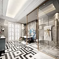 Luxurious Neoclassical Bathroom With Patterned Marble Floors Freestanding Bathtub And Gold Trim Glass Shower Partition