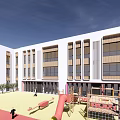 Modern School Building Exterior With White Facade Wooden Panels Large Glass Windows And Plaza Area