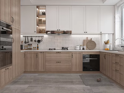 Modern Kitchen With Light Wood Cabinets White Upper Cabinets White Tile Backsplash And Built-in Oven 3d model