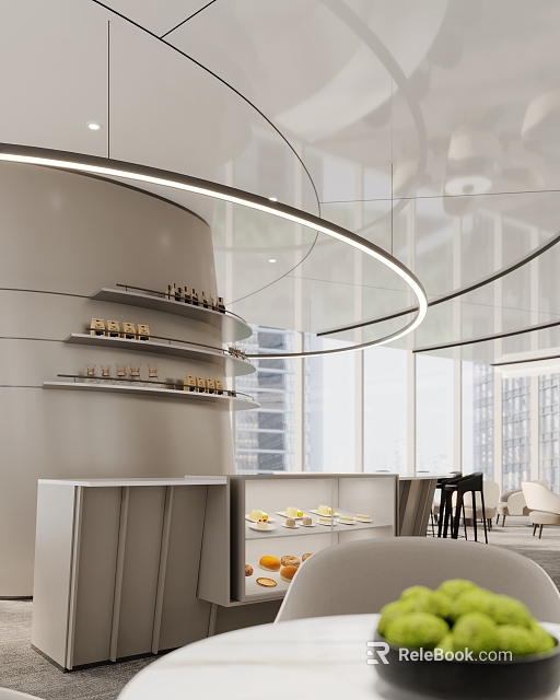 Modern Tea Room Interior With Circular Ceiling Light Fixture Floating Shelves And Fresh Snacks 3d model 