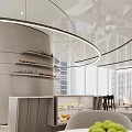 Modern Tea Room Interior With Circular Ceiling Light Fixture Floating Shelves And Fresh Snacks