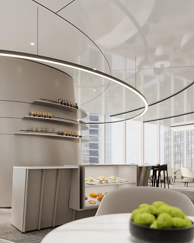 Modern Tea Room Interior With Circular Ceiling Light Fixture Floating Shelves And Fresh Snacks 3d model