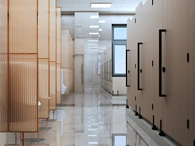 Bright Modern Public Restroom With Wooden Partitions Marble Floor Linear Ceiling Lights And Windows 3d model