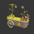 Festive Decorative Cart With Hanging Gold Stars Gift Boxes And Silver Wheels
