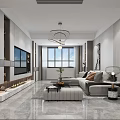 Modern Living and Dining Room Interior With TV Wall Fireplace Sofa And Decorative Plant