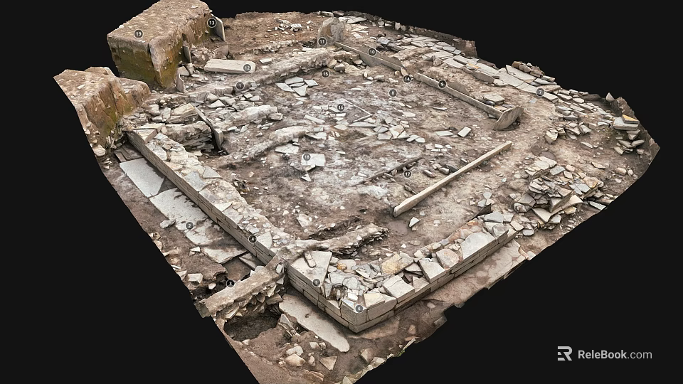 Ancient Archaeological Ruins Site Featuring Stone Wall Remains And Scattered Debris 3d model 