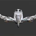 Mechanical Bird With White Body Blue Details Intricate Metallic Structure And Outstretched Wings