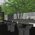 Modern Garden Courtyard Design With Wooden Pavilion Water Feature Greenery And Stone Patio