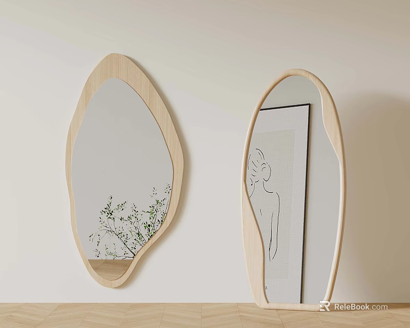 Modern Decorative Mirrors With Wooden Frames And Irregular Shapes Reflecting Plant And Wall Art 3d model 