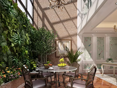 Indoor Garden With Lush Green Wall Brick Wall Natural Light Chandelier Dining Table And Fresh Flowers 3d model
