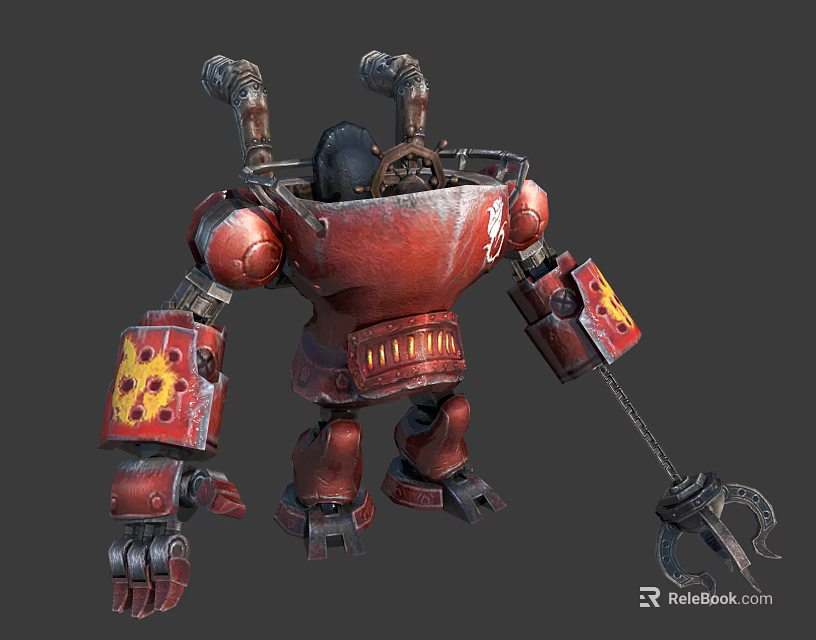 Red Mechanical Robot Character Featuring Steam Pipes Flame Decals And Chain Claw Weapon 3d model