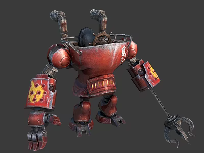 Red Mechanical Robot Character Featuring Steam Pipes Flame Decals And Chain Claw Weapon 3d model