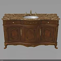 Traditional Wooden Bathroom Vanity With Marble Countertop And Carved Brass Fixtures