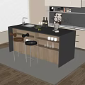 Modern Kitchen Bar Counter With Black Wooden Top Brown Black Stools Sink And Wine Bottles