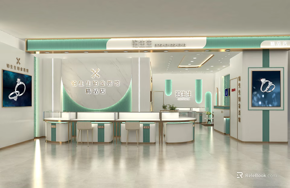 Elegant Modern Jewelry Store Interior With Display Counters And Lighting 3d model 