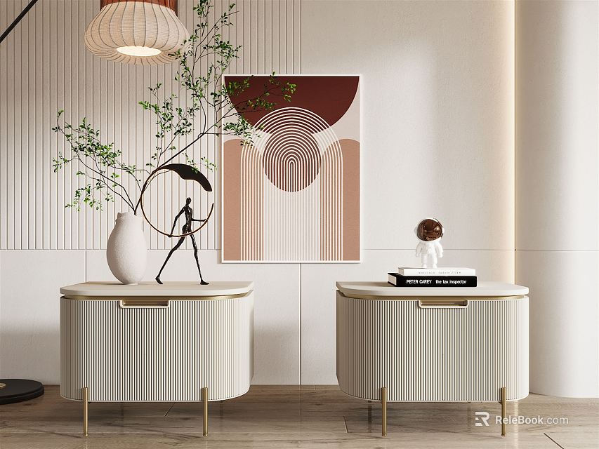 Modern White Ribbed Double Nightstands with Gold Legs Green Plant and Decorative Painting 3d model 