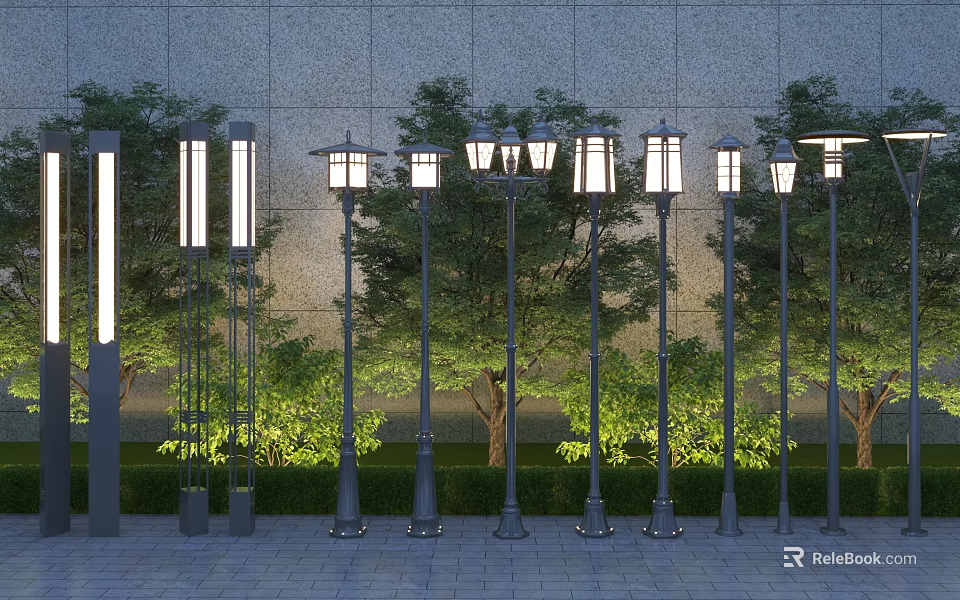 Outdoor Lights With Various Designs Multiple Lamp Shades And Long Strip Lamp Posts With Background Trees On Brick Pavement 3d model 