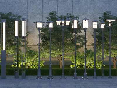 Outdoor Lights With Various Designs Multiple Lamp Shades And Long Strip Lamp Posts With Background Trees On Brick Pavement 3d model